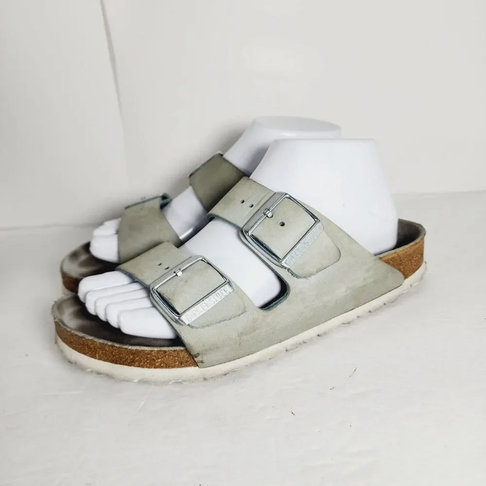 BIRKENSTOCK Women's Arizona Nubuck Leather Light Blue SoftFB Sandals EU38 US7